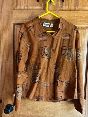 Chicos Rust Printed Snap Front Jacket Silk/Linen Asian Print size 2 (10-12)